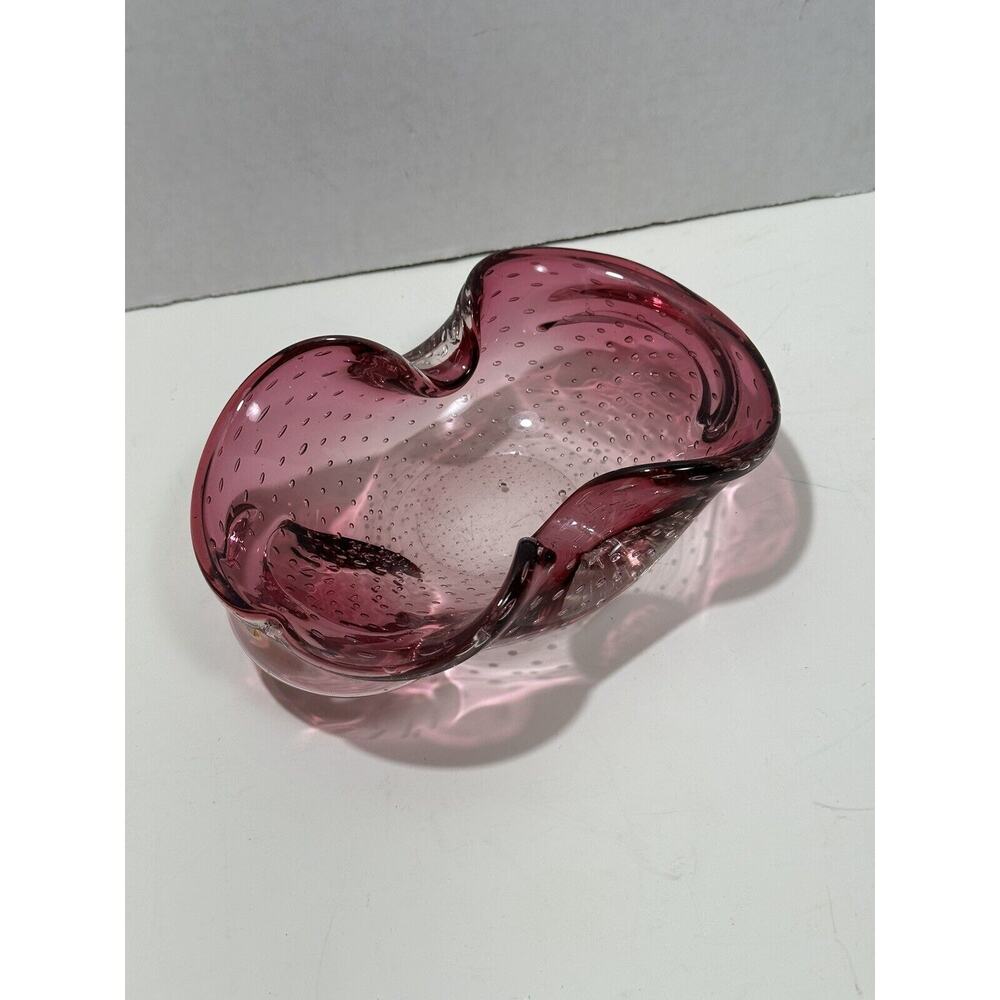 Vintage Murano Glass Ashtray Bowl Bullicante Biomorphic Plum Pink MCM Bubble Art